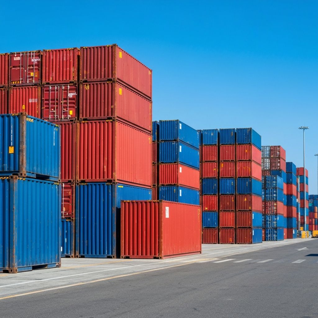 Shipping cargo containers stacked at a port