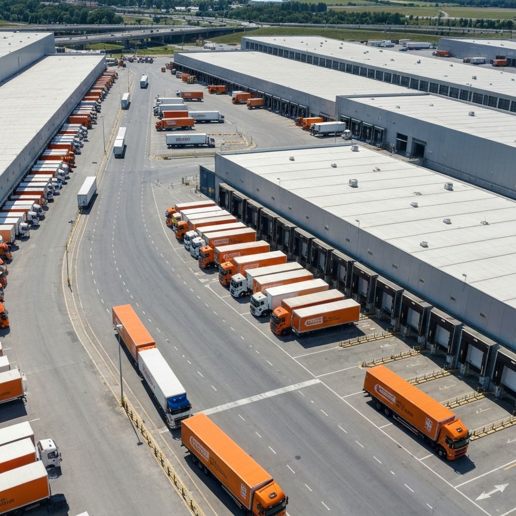 Fleet of delivery trucks at logistics hub